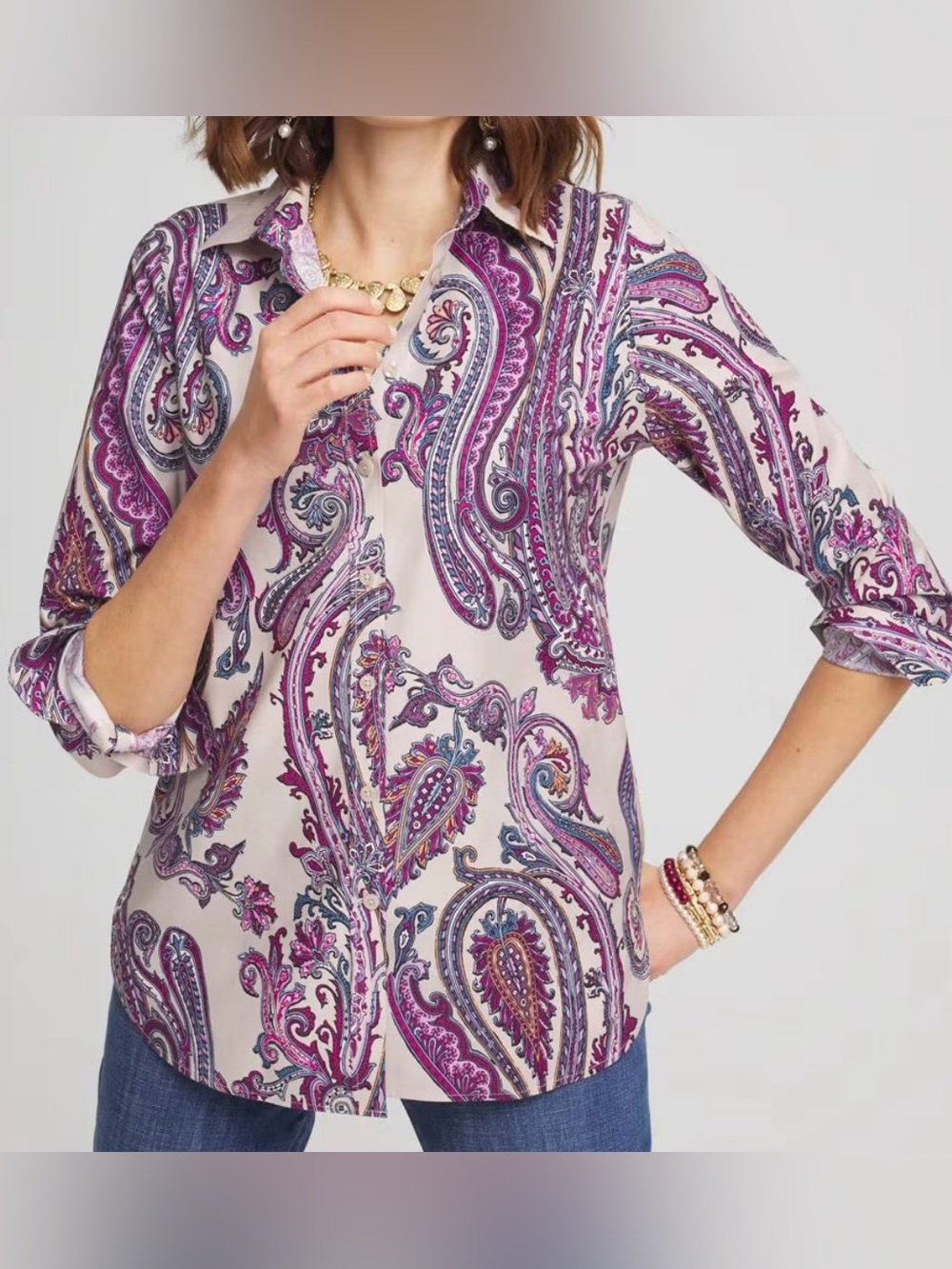 CHICO'S No-Iron Gray Purple Paisley Long Sleeve Button Shirt Blouse Top Sz 18 XL